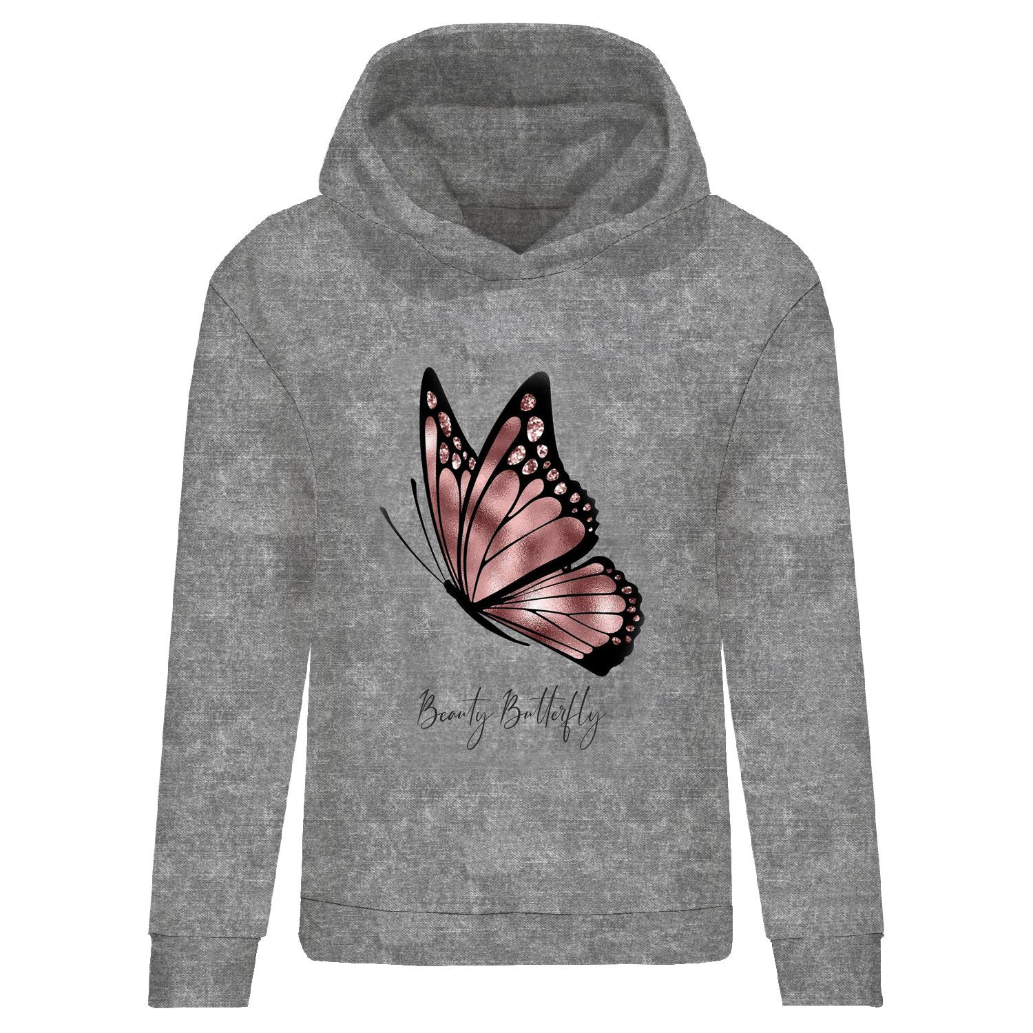 DÁMSKA MIKINA (POLA) CLASSIC S KAPUCÍ - BEAUTY BUTTERFLY (BROKÁTOVÍ MOTÝLI) / ACID WASH šedý -  teplákovina