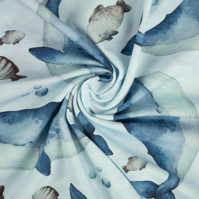 MODRÉ VELRYBY (OCEÁNSKÝ SVĚT) / KAMUFLÁŽ vz. 2 (azurový) - organický úplet single jersey s elastanem 