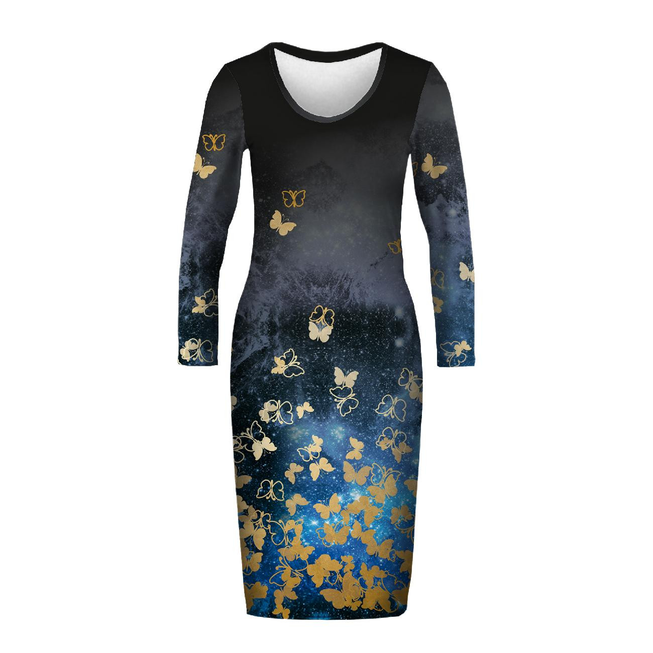 Tužkové šaty (ALISA) - MOTÝLCI / zlatá - Sada šití