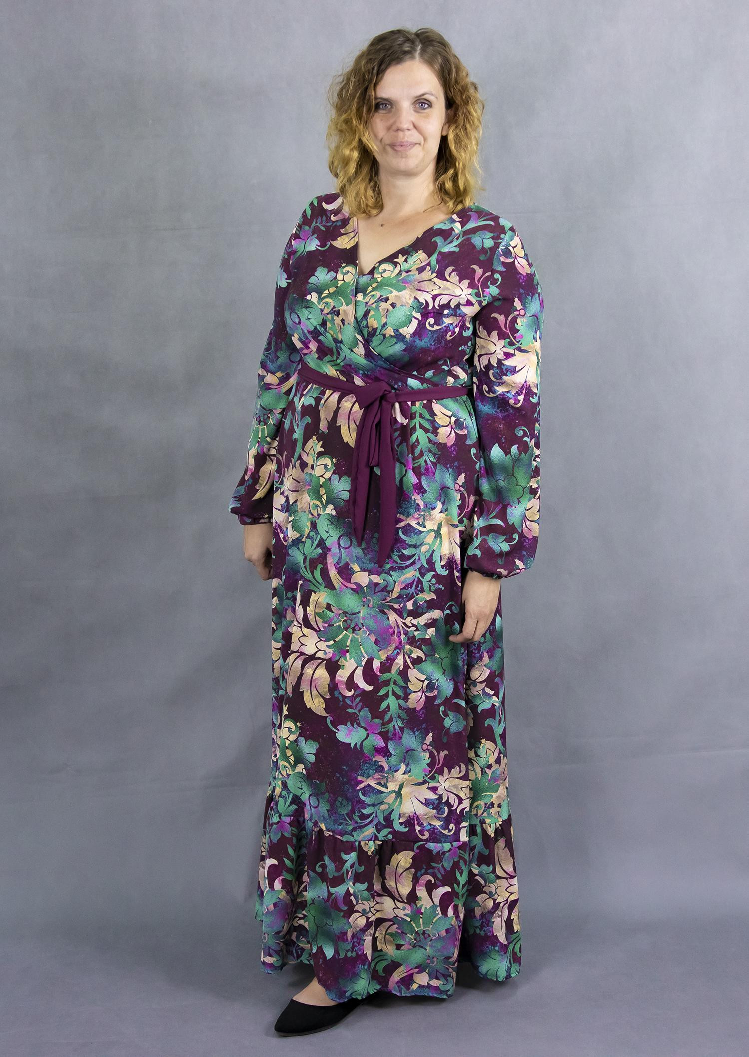 Zavinovací šaty s volánem (ABELLA) - PALMOVÉ LISTY vz. 4 / černý - Sada šití