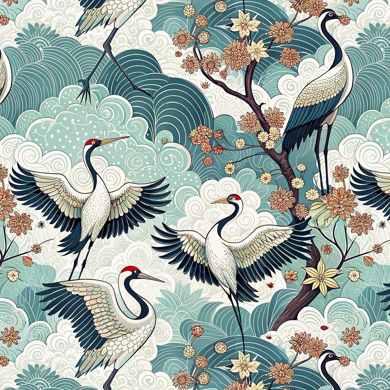Japanese Garden wz.2  (birds/szmaragd)- Slub Weave