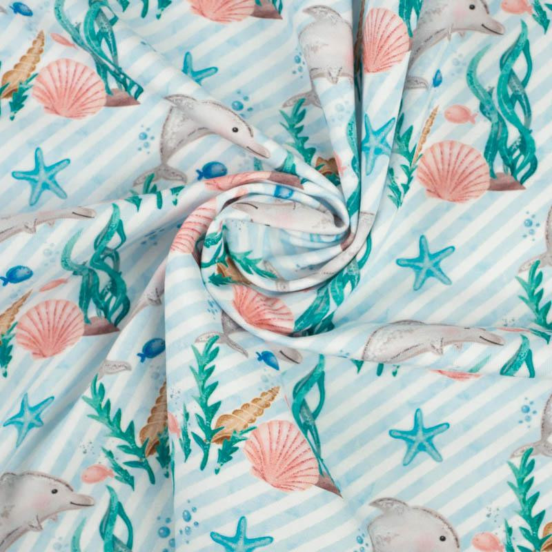 DELFÍNI / pruhy (POHÁDKOVÝ OCEÁN) / aqua - organický úplet single jersey s elastanem