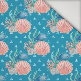 DELFÍNI / pruhy  (POHÁDKOVÝ OCEÁN) / modrá - lycra pro plavky  240g