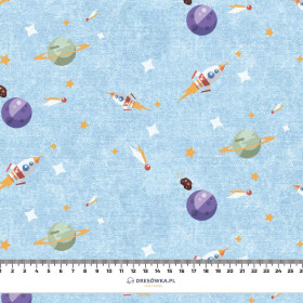 PLANETY A RAKETY (CESTA DO VESMÍRU) / ACID WASH AZUROVÝ  - organický úplet single jersey s elastanem 