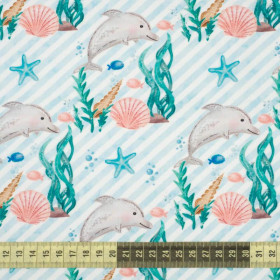 DELFÍNI / pruhy  (POHÁDKOVÝ OCEÁN) / aqua - organický úplet single jersey s elastanem 
