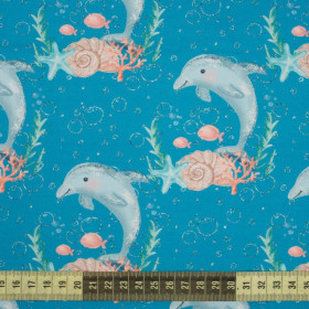 DELFÍNI vz. 3  (POHÁDKOVÝ OCEÁN) / modrá - organický úplet single jersey s elastanem