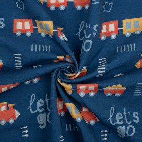 LOKOMOTIVY (LET’S GO) / tmavomodrý (ADVENTURE BEGINS) - organický úplet single jersey s elastanem 