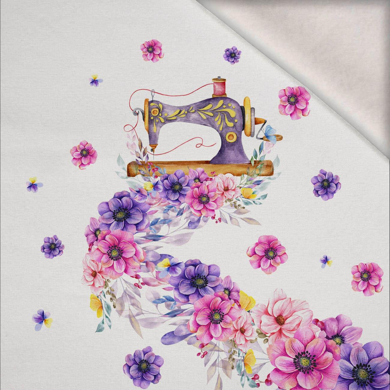 ŠICÍ STROJ A KVĚTINY - panel (60cm x 50cm) teplákovina počesaná s elastanem ITY