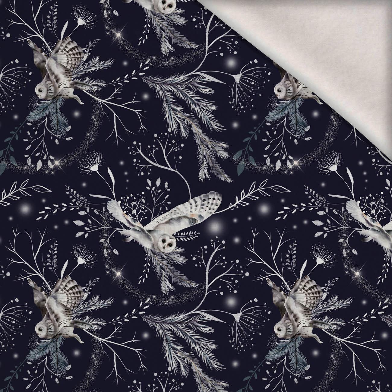 ZIMNÍ SOVY / tmavě (ZIMA V PARKU) - teplákovina počesaná s elastanem ITY