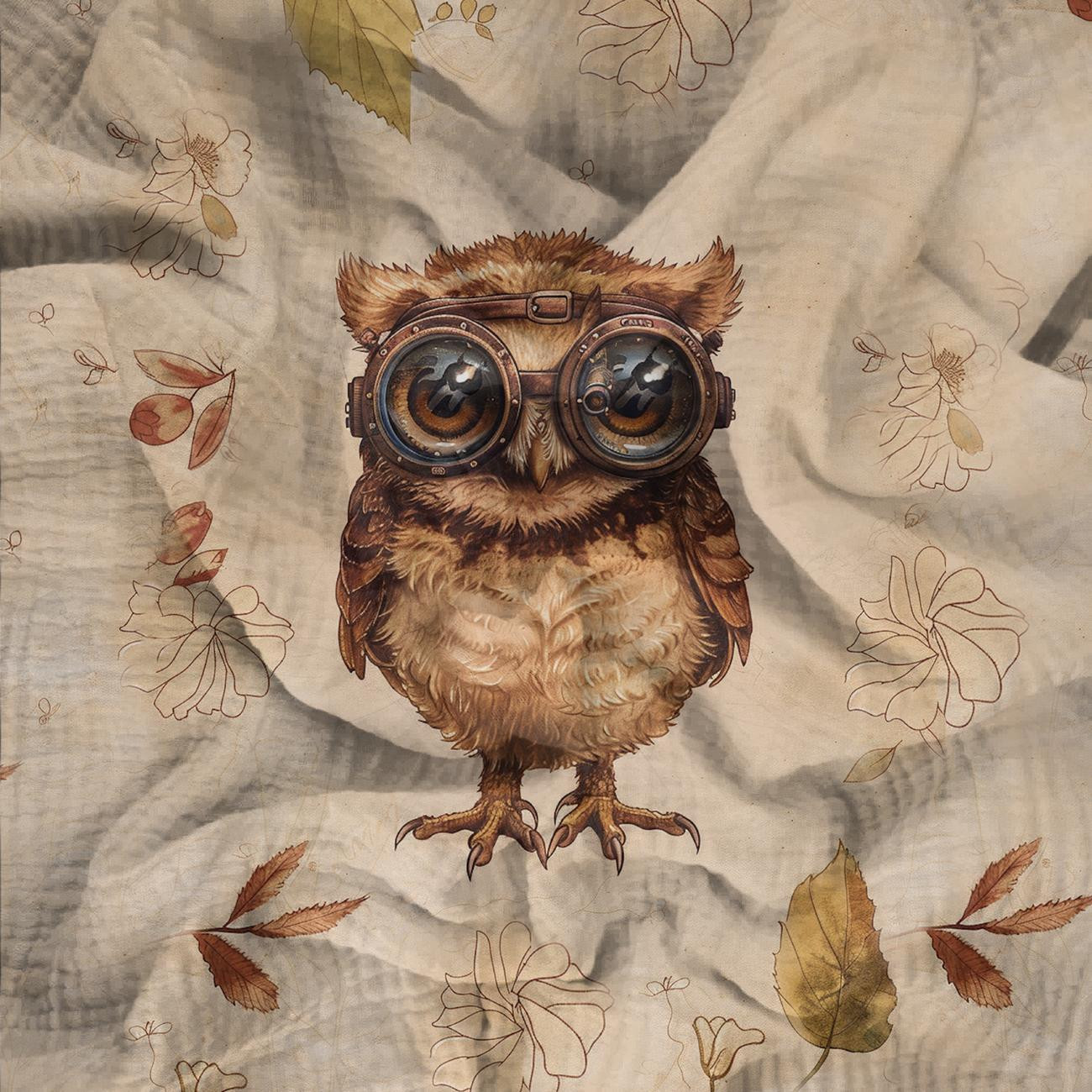 OWL STEAMPUNK FOREST VZ. 1 - PANORAMICKÝ PANEL (60cm x 140cm) Mušelín bavlněný