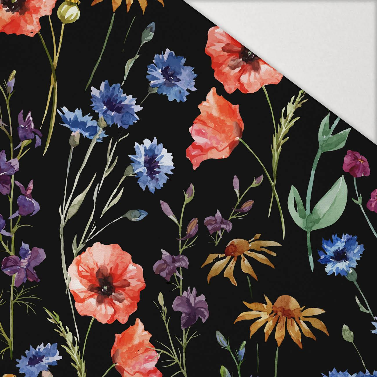POLNÍ KVĚTY / černý - Hydrofobní česaná teplákovina