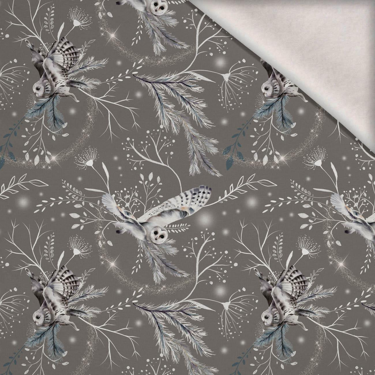 ZIMNÍ SOVY / šedý (ZIMA V PARKU) - teplákovina počesaná s elastanem ITY ZIMNÍ SOVY / šedý (ZIMA V PARKU) - teplákovina počesaná s elastanem ITY