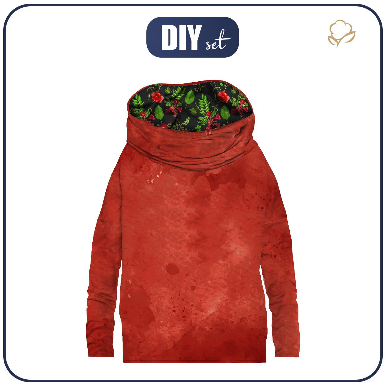 MIKINA NETOPÝR S NÁKRČNÍKEM (FURIA) - RED SPECKS / ČERVENA ZAHRADA (RAJSKÁ ZAHRADA) - Sada šití