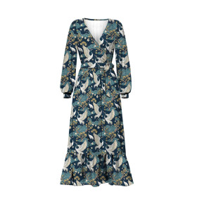 Japanese Garden wz.3  (birds/szmaragd)- Slub Weave