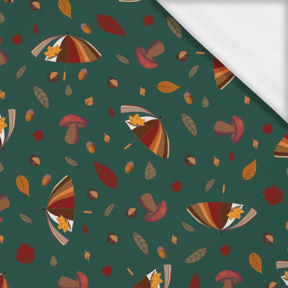 DEŠTNÍKY A HOUBY  / lahvově zelený (PODZIM ČERVENÉ PANDY)- single jersey s elastanem ITY