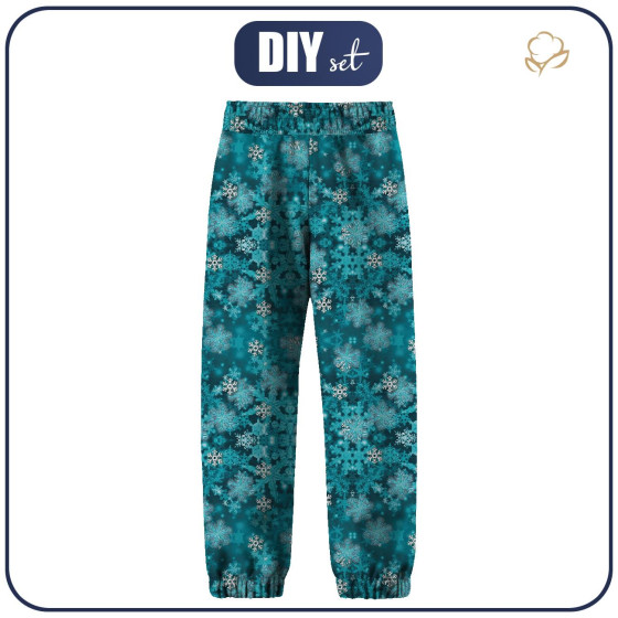 SOFTSHELLOVÉ DĚTSKÉ KALHOTY (YETI) - TYRKYSOVÉ SNĚHOVÉ VLOČKY (TUČŇÁCI)