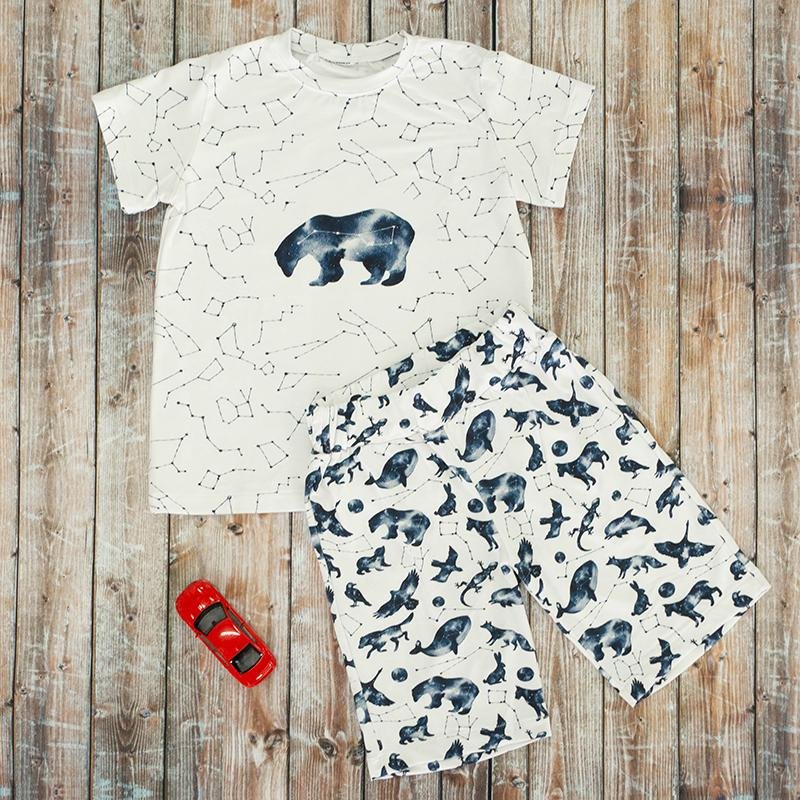 CHILDREN'S PAJAMAS "ADA" - MINI LEAVES AND INSECTS PAT. 6 (TROPICAL NATURE) / white - sewing set