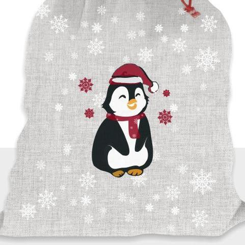 PENGUIN SANTA / red - acid wash grey - Cotton woven fabric panel ( 45 x 75 cm )