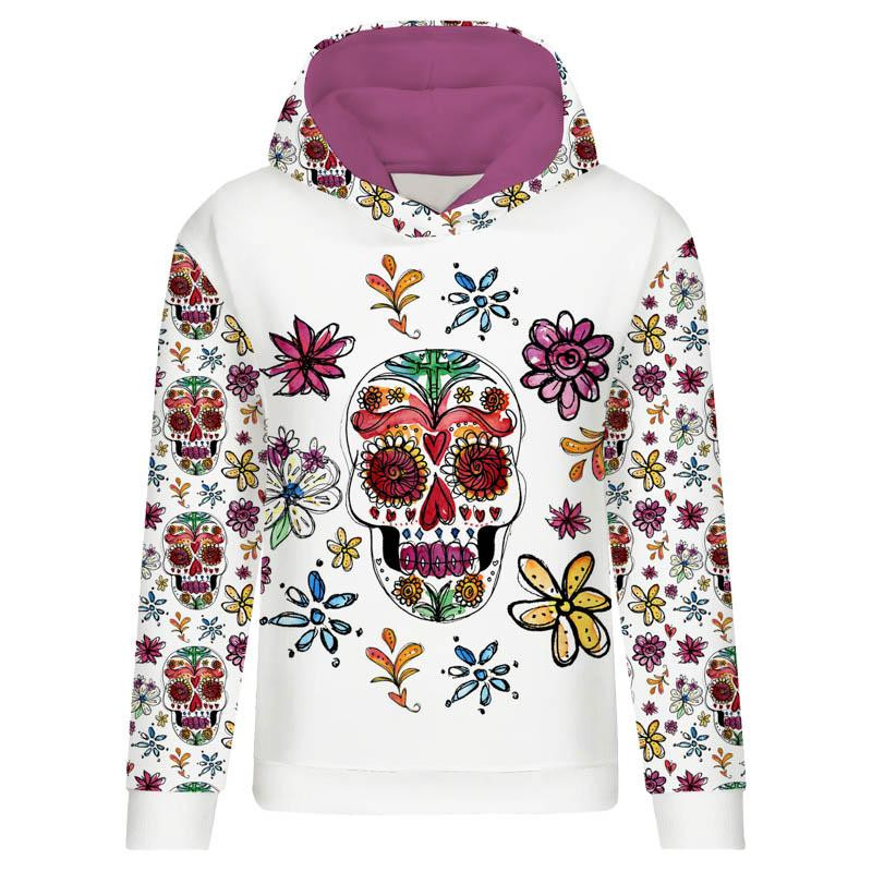 CLASSIC WOMEN’S HOODIE (POLA) - SKULLS pat. 2 / white (DIA DE LOS MUERTOS) - looped knit fabric 