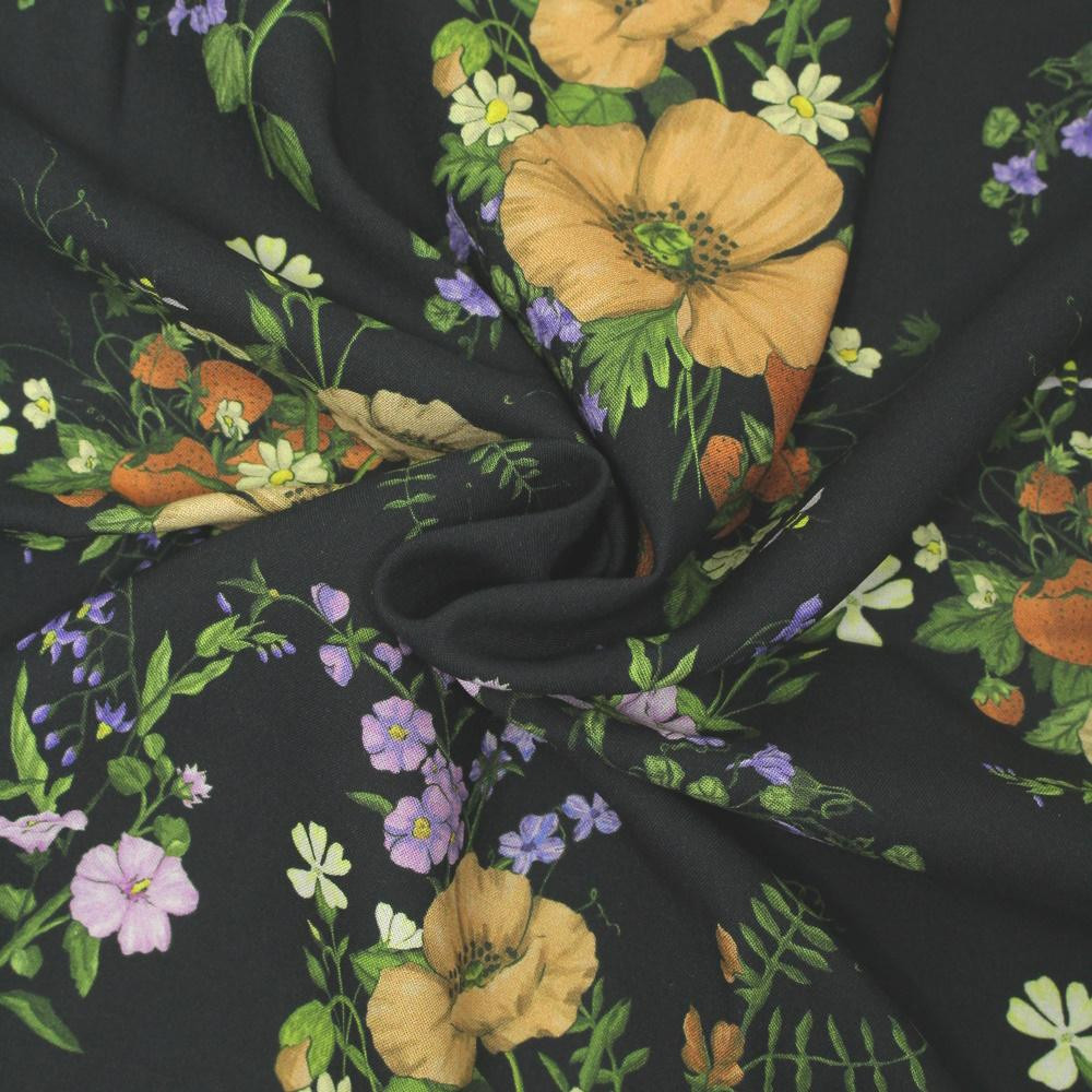 BEIGE FLOWERS / black - viscose woven fabric