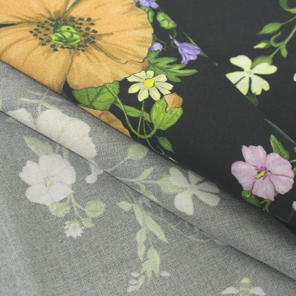 BEIGE FLOWERS / black - viscose woven fabric