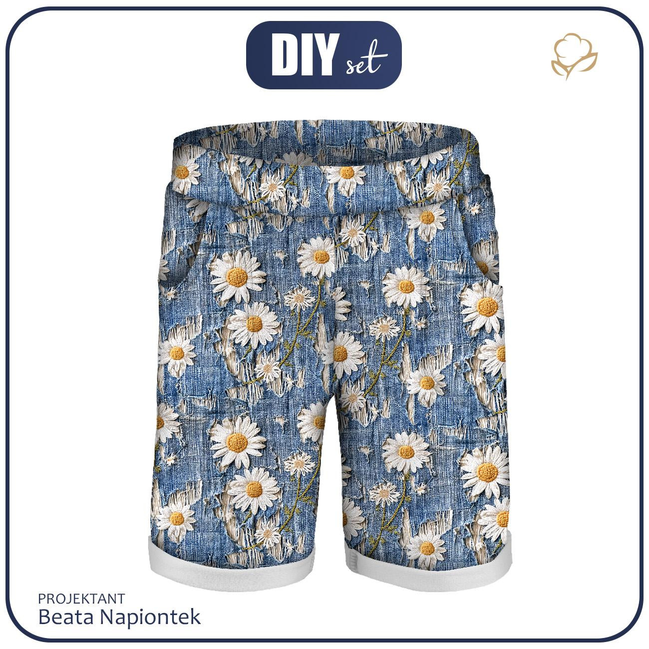 KID`S SHORTS (RIO) - DAISIES DENIM IMITATION WZ. 2 - looped knit fabric 