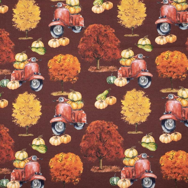 PUMPKINS ON THE SCOOTER (trees) / maroon (PUMPKIN GARDEN) - looped knit fabric