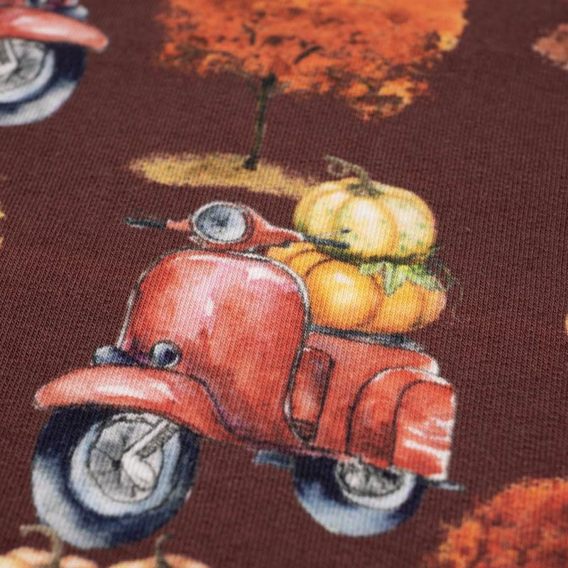 PUMPKINS ON THE SCOOTER (trees) / maroon (PUMPKIN GARDEN) - looped knit fabric