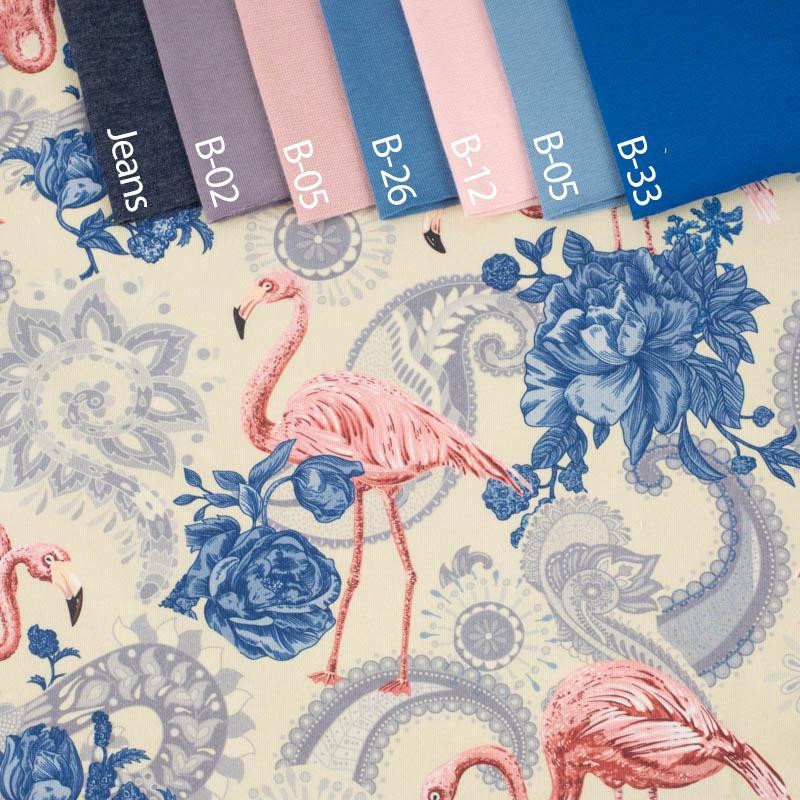 FLAMINGOS AND ROSES / beige - looped knit fabric