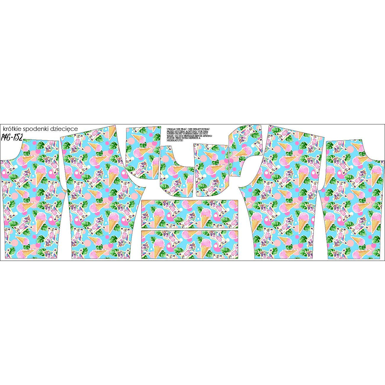 KID`S SHORTS (RIO) - UNICORNS AND ICE CREAM /  light blue - looped knit fabric 