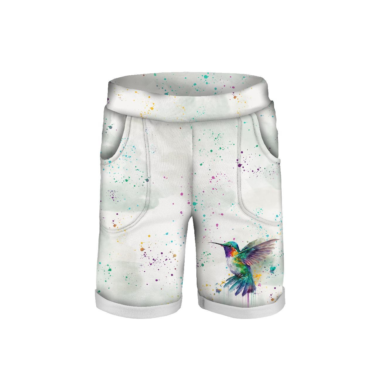 KID`S SHORTS (RIO) - WATERCOLOR HUMMINGBIRD - looped knit fabric 