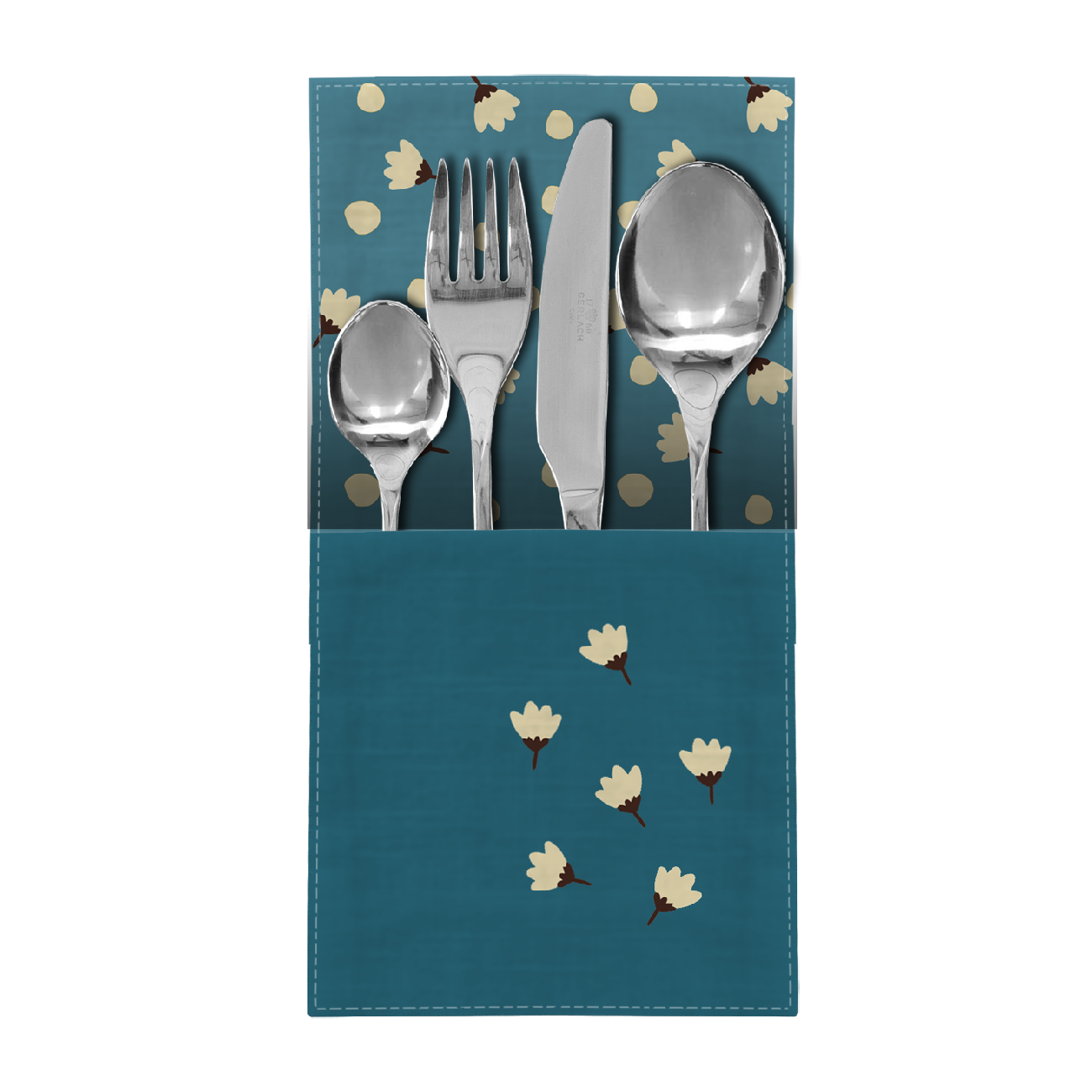 NAPKINS AND RUNNER - SMALL WHITE FLOWERS / emerald - sewing set