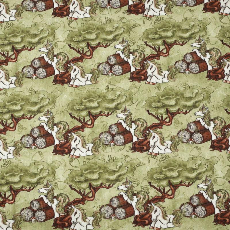 FOREST UNICORNS pat. 2 / green  - looped knit fabric