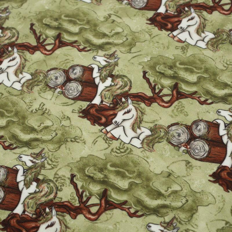 FOREST UNICORNS pat. 2 / green  - looped knit fabric