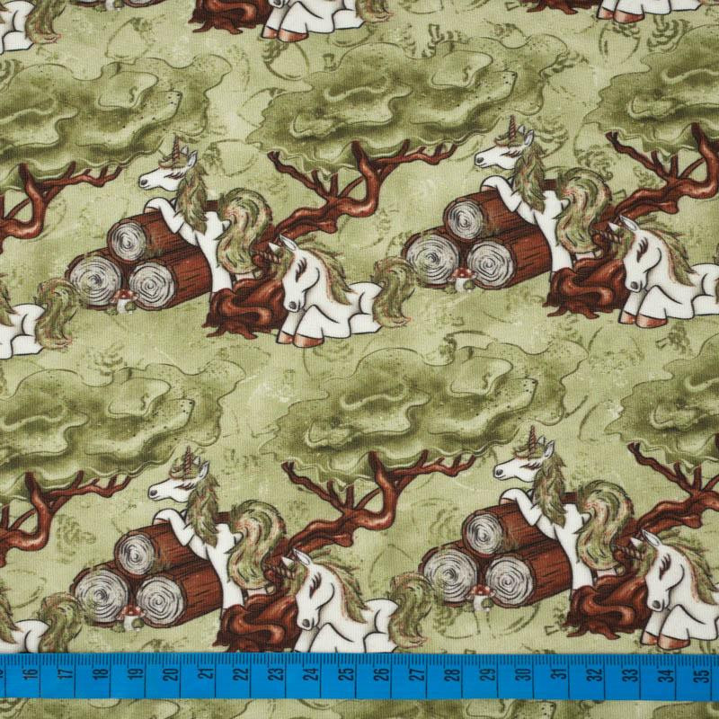 FOREST UNICORNS pat. 2 / green  - looped knit fabric