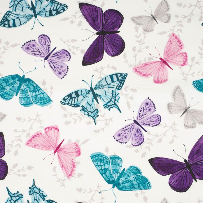 BUTTERFLIES PAT. 5 / white  (PURPLE BUTTERFLIES) - looped knit fabric