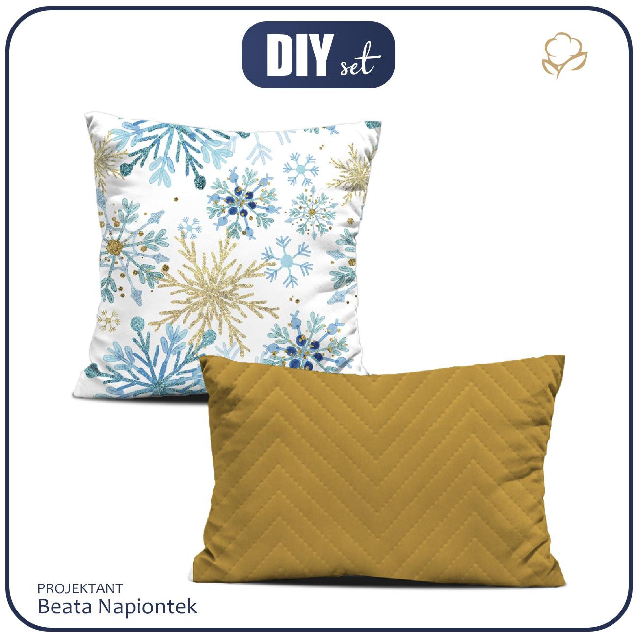 DECORATIVE PILOWS - BLUE SNOWFLAKES / mustard