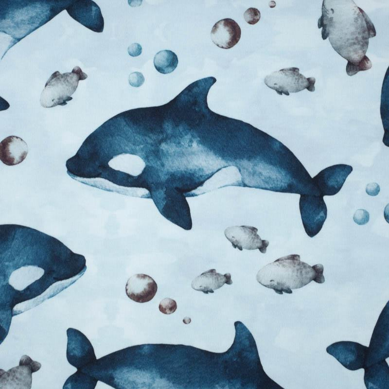 ORCAS (THE WORLD OF THE OCEAN) / CAMOUFLAGE pat. 2 (light blue) - looped knit fabric