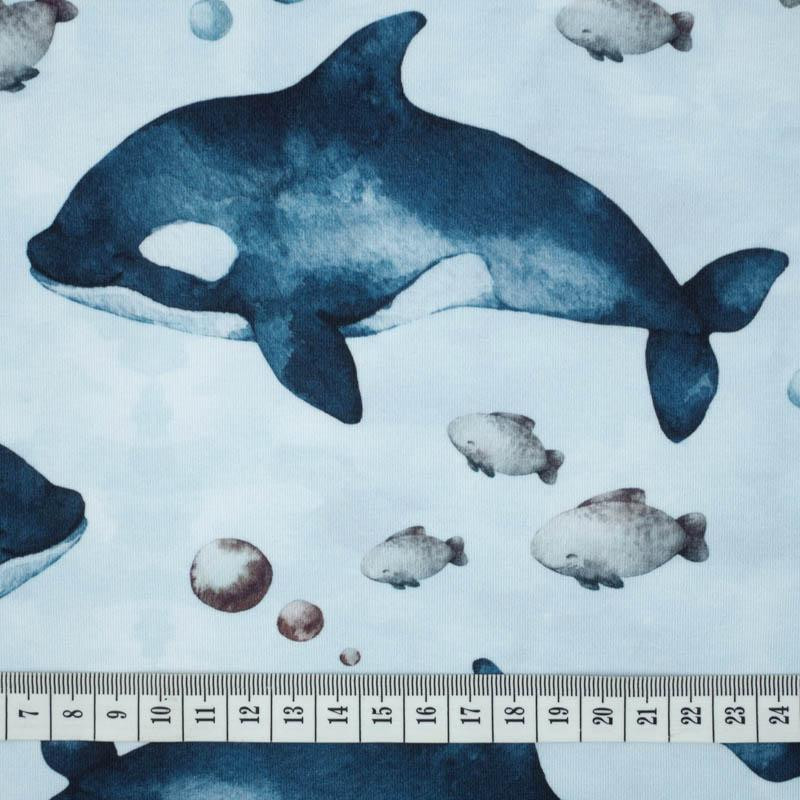 ORCAS (THE WORLD OF THE OCEAN) / CAMOUFLAGE pat. 2 (light blue) - looped knit fabric