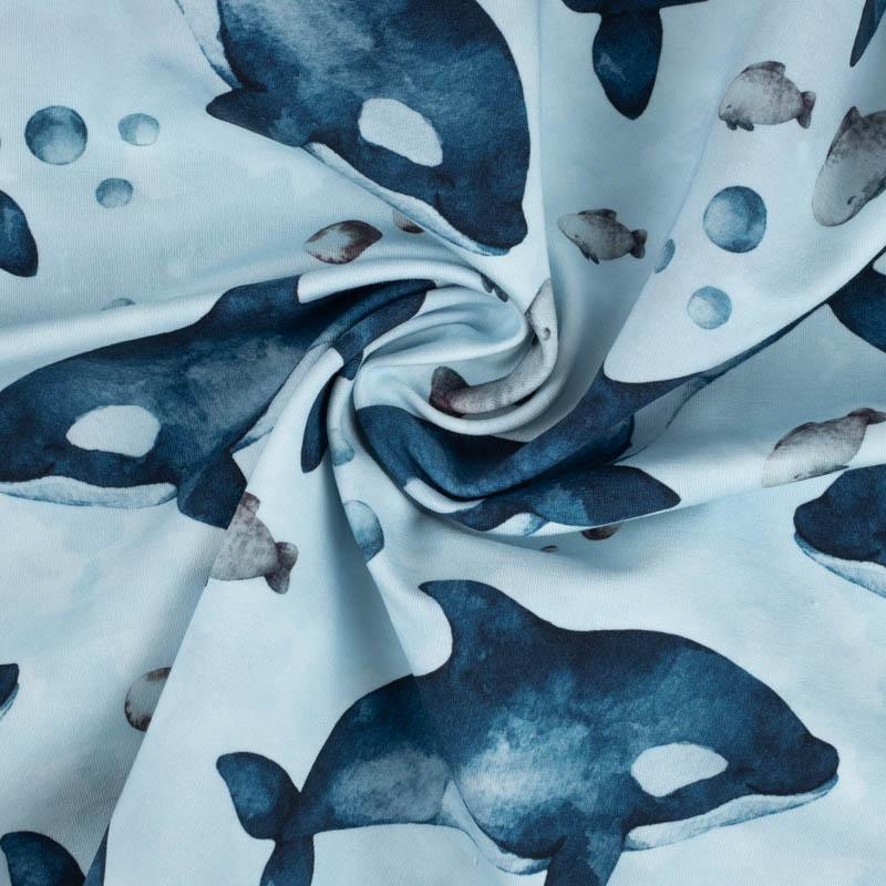 ORCAS (THE WORLD OF THE OCEAN) / CAMOUFLAGE pat. 2 (light blue) - looped knit fabric