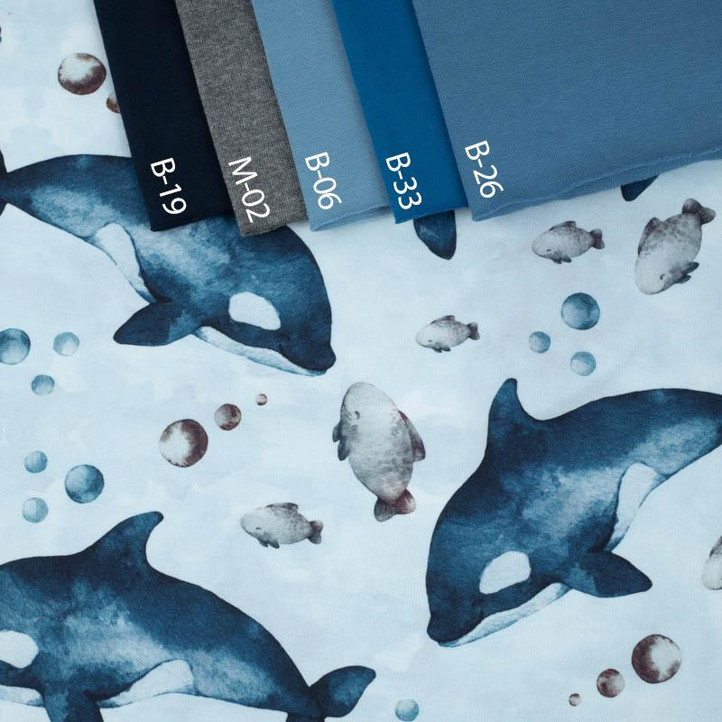 ORCAS (THE WORLD OF THE OCEAN) / CAMOUFLAGE pat. 2 (light blue) - looped knit fabric