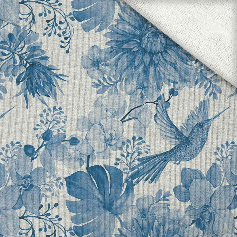 HUMMINGBIRDS AND FLOWERS (CLASSIC BLUE)  / melange light grey - thick looped knit 