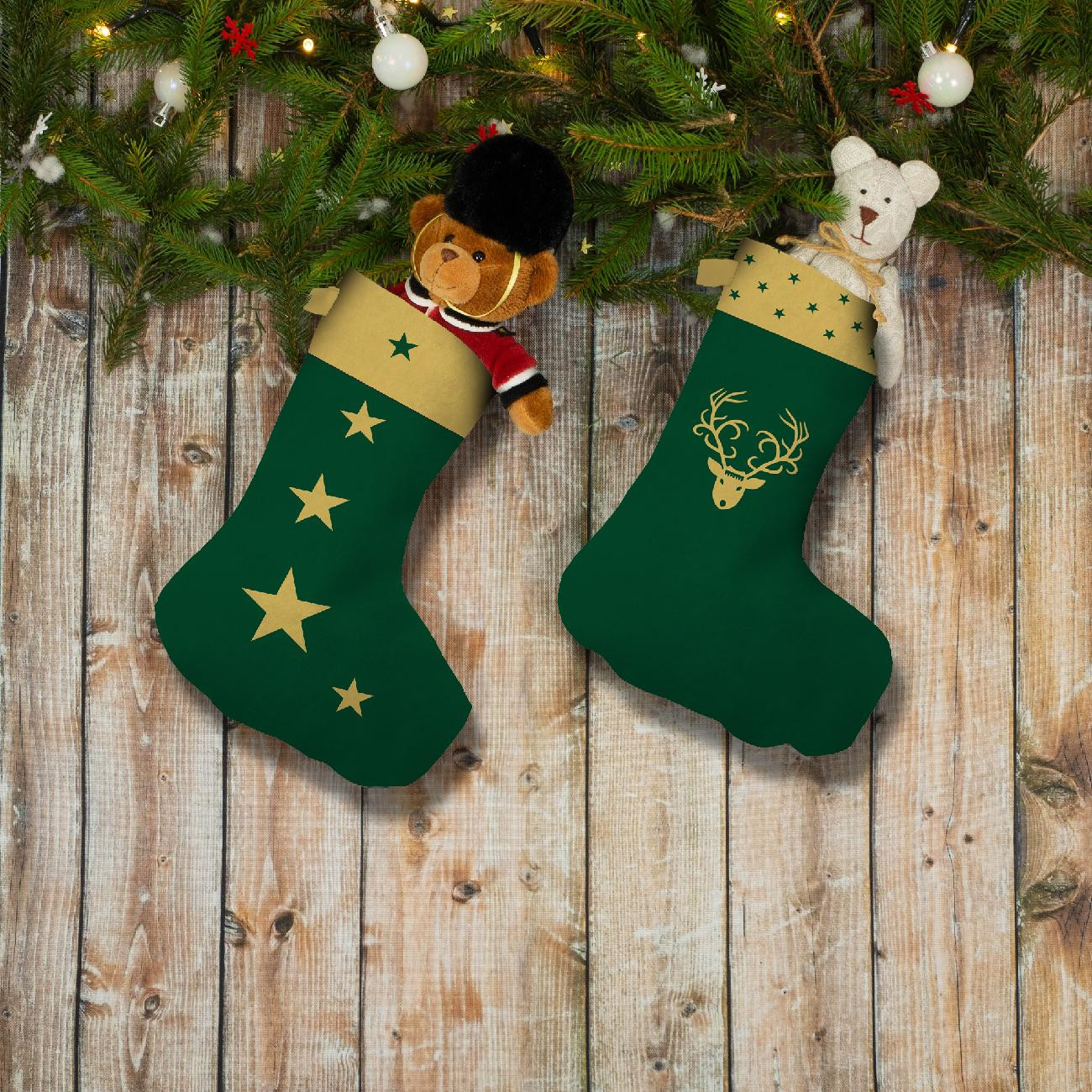 Christmas Stocking Set - GOLDEN REINDEER / green