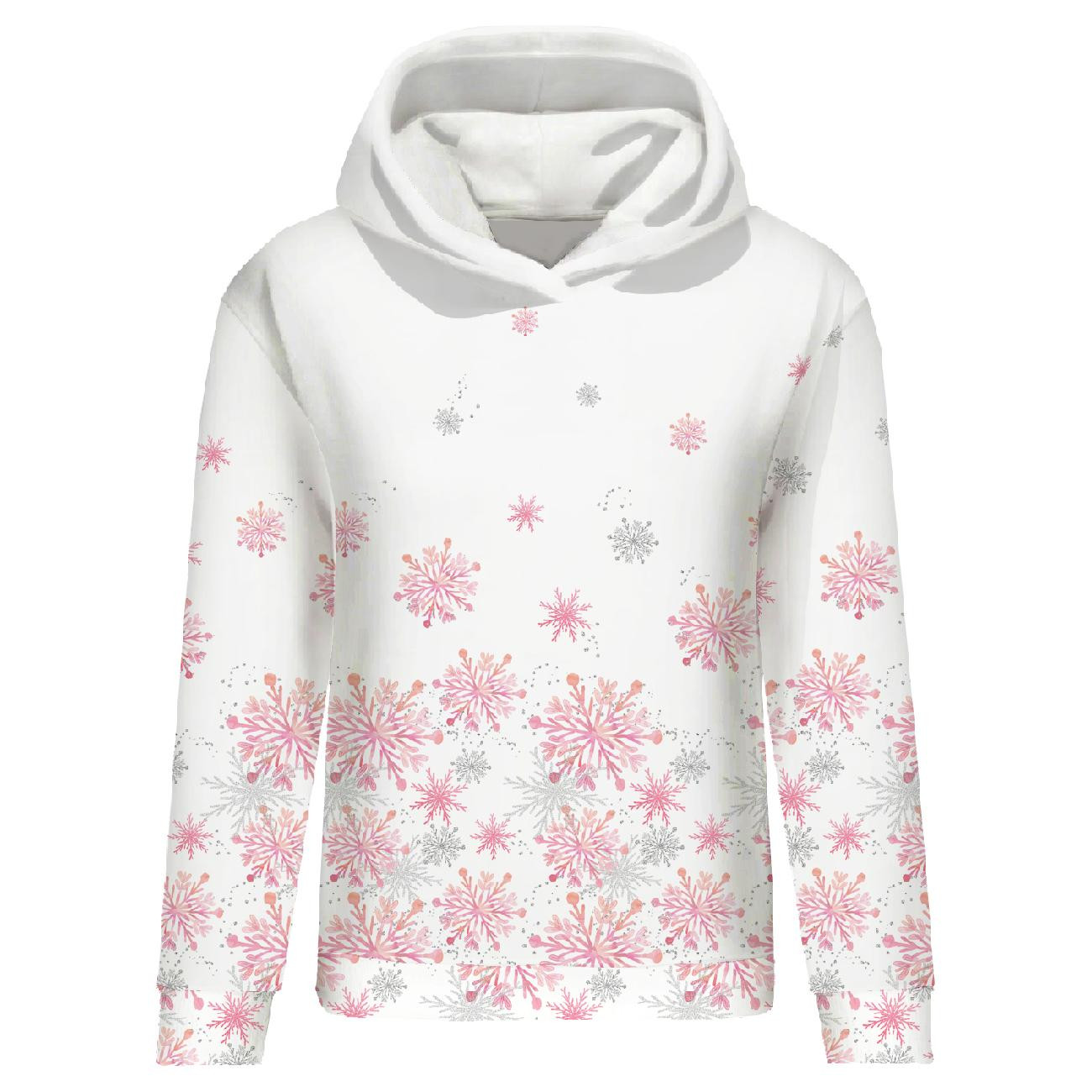 CLASSIC WOMEN’S HOODIE (POLA) - PINK SNOWFLAKES pat. 2 - looped knit fabric 