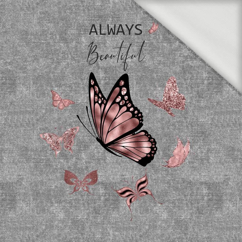 ALWAYS BEAUTIFUL (GLITTER BUTTERFLIES) / ACID WASH GREY - panoramic panel looped knit (60cm x 155cm)