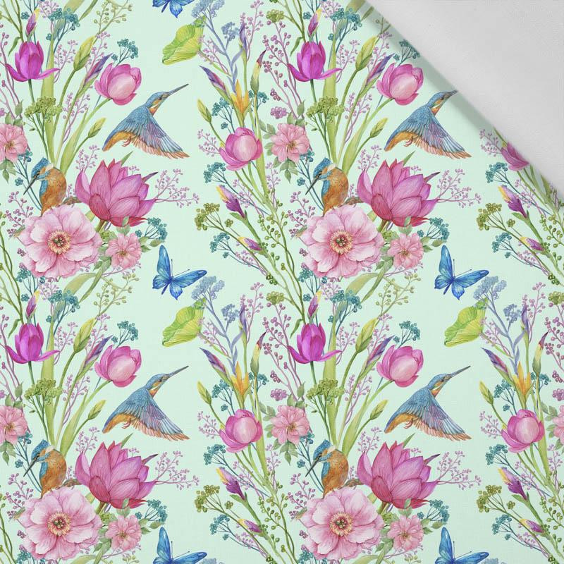 MINI KINGFISHERS AND BUTTERFLIES (KINGFISHERS IN THE MEADOW) / mint - Cotton woven fabric