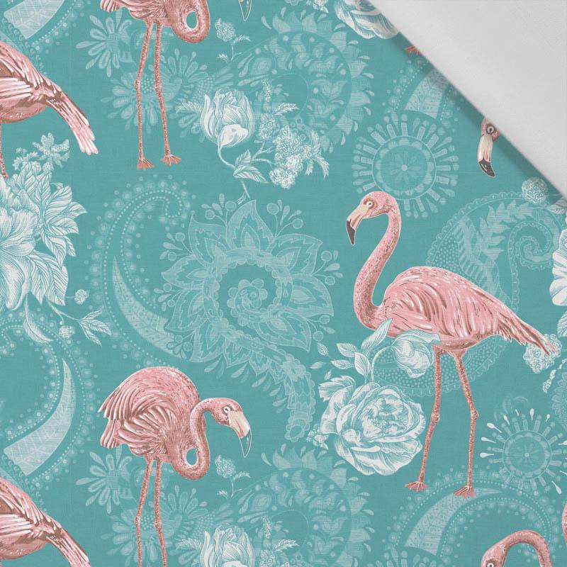 FLAMINGOS AND ROSES / sea blue - Cotton woven fabric