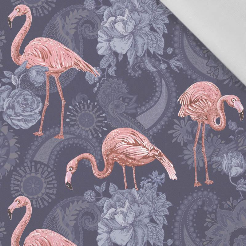 FLAMINGOS AND ROSES / dark blue - Cotton woven fabric