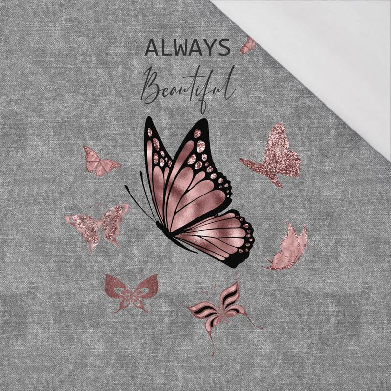 ALWAYS BEAUTIFUL (GLITTER BUTTERFLIES) / ACID WASH GREY - SINGLE JERSEY PANORAMIC PANEL (60cm x 155cm)