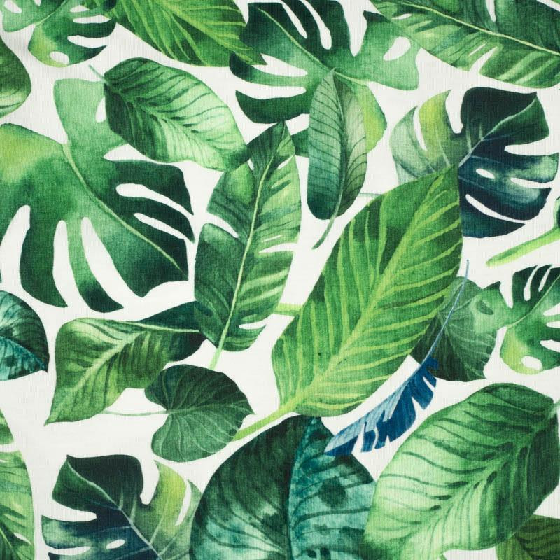 TROPICAL LEAVES pat. 2 / white - single jersey with elastane 